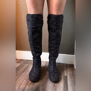 Black & Gray Leopard Print Over-the-Knee Boots